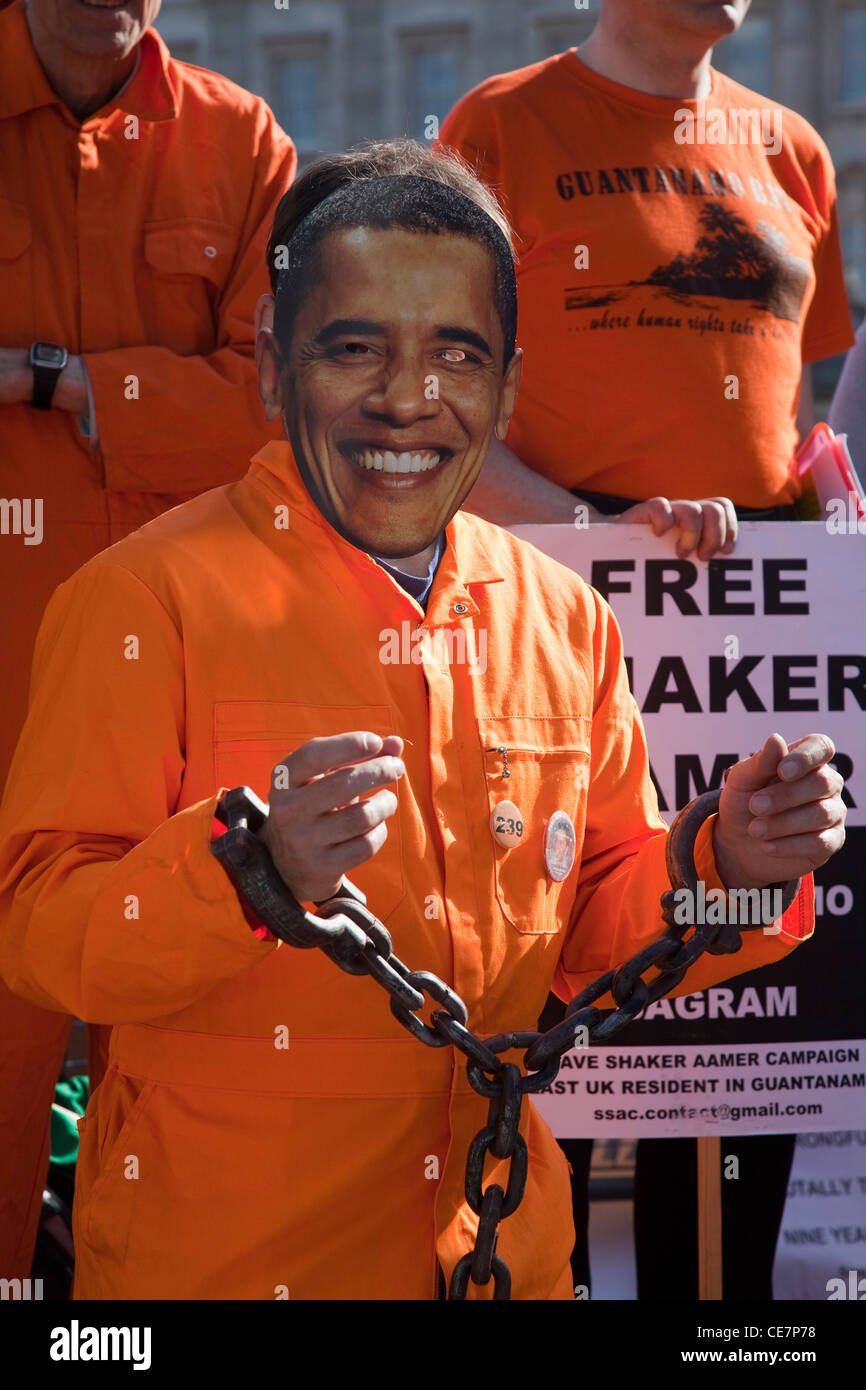 Proteste am Tag, dass Präsident Barack Obama für einen Staatsbesuch in London ankommt. Gratis Shaker Aamer Kampagne. Stockfoto