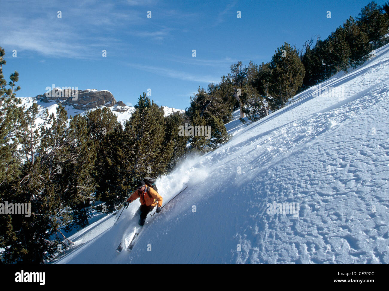Zurück Land Skifahrer Helikopter Skifahren, Ruby Mountains, Nevada, USA Stockfoto
