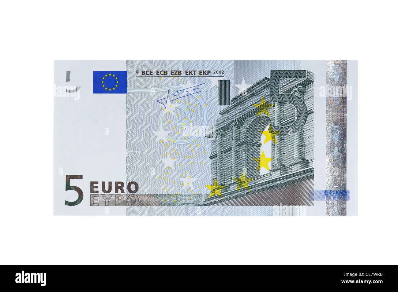 5 Euro-Banknote auf weißem Hintergrund Stockfoto