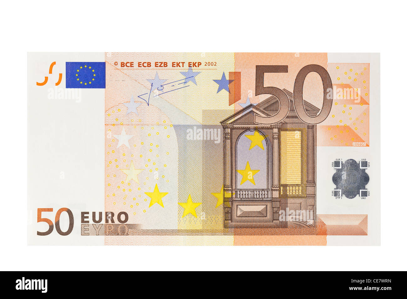 50 Euro-Banknote auf weißem Hintergrund Stockfoto