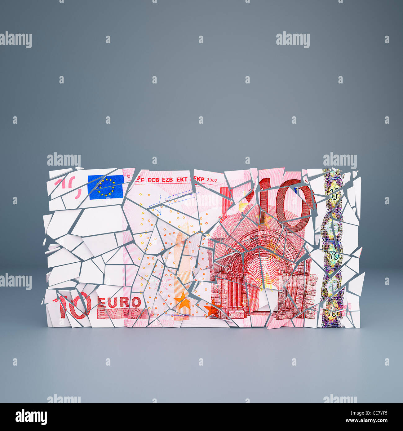 Zehn Euro beachten Sie bröckelt - Vertretung des Bruchs oben der Europäischen Union einheitlichen Währung / default Länder der Eurozone Stockfoto