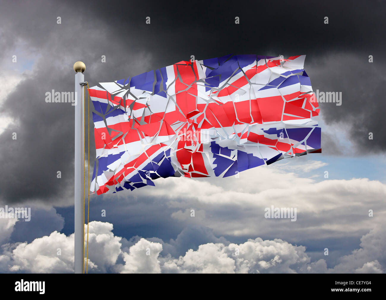 Union Jack Cracking Up - geteiltes Land / Division / Britische Probleme / Probleme / Scottish Independence / Broken Britain Konzeptkonzepte Stockfoto