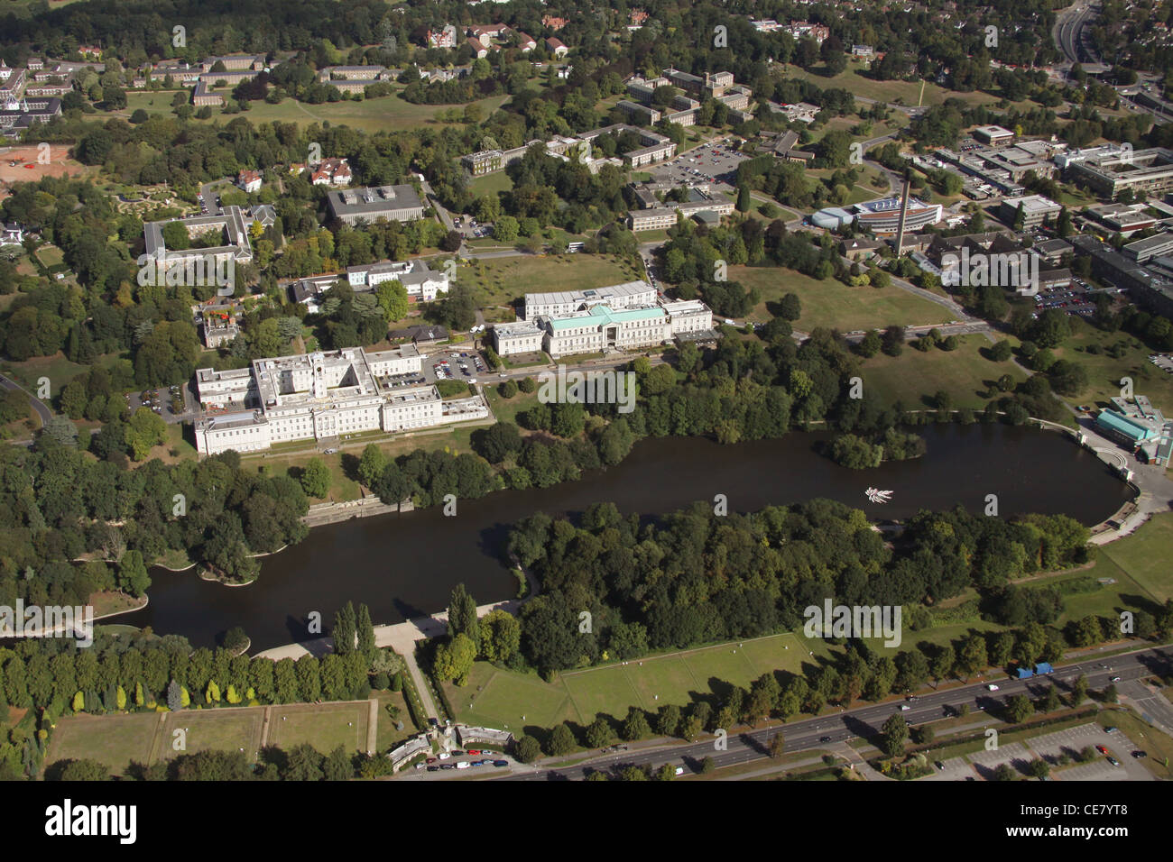 Luftaufnahme der Nottingham University mit dem Portland Building & Highfields Park Boating Lake prominent Stockfoto