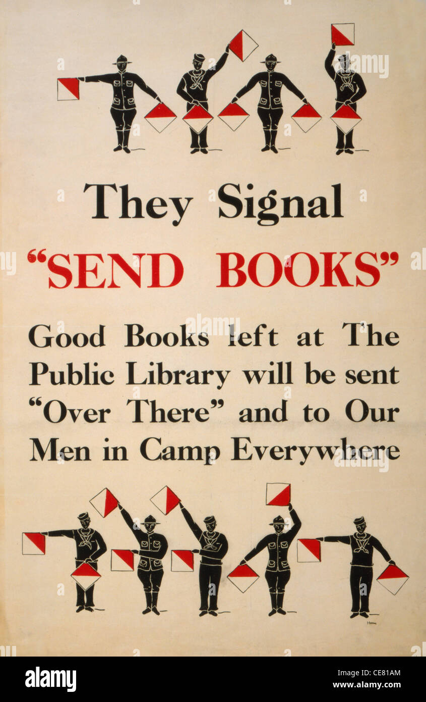 Sie signalisieren "Senden-Bücher" gute Bücher Links in der Stadtbibliothek werden gesendet "drüben" - WWI-Poster Stockfoto
