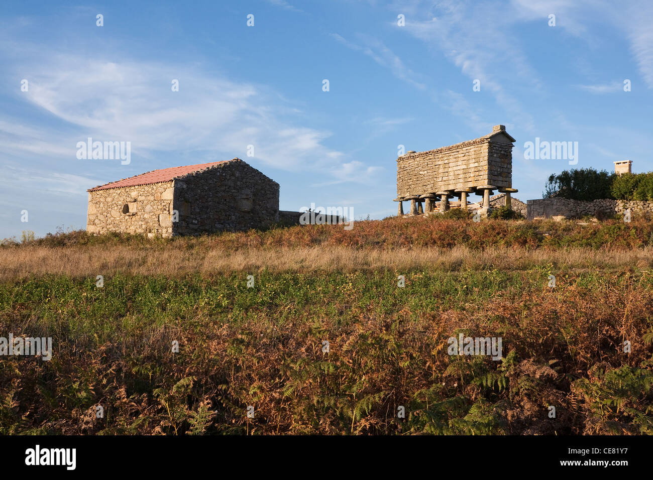 Stein-Getreidespeicher (Horreos) in der Nähe des Dorfes Touriñán bei Sonnenuntergang an der Costa da Morte - A Coruña Provinz, Galicien, Spanien. Stockfoto
