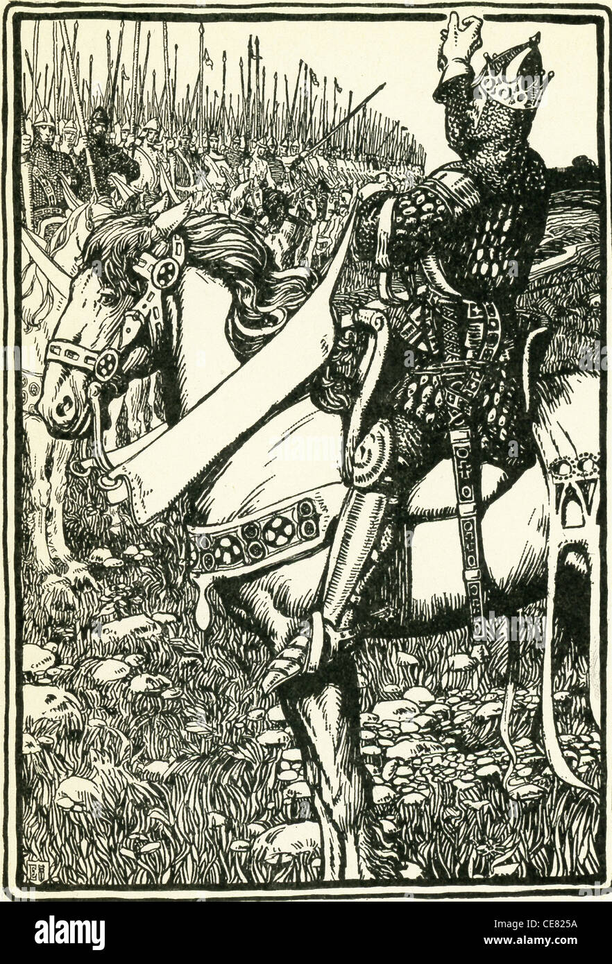 King Arthur ist der legendären britischen Herrscher des späten 5. und frühen 6. Jahrhundert. Hier befasst sich mit Arthur seine Truppen. Stockfoto