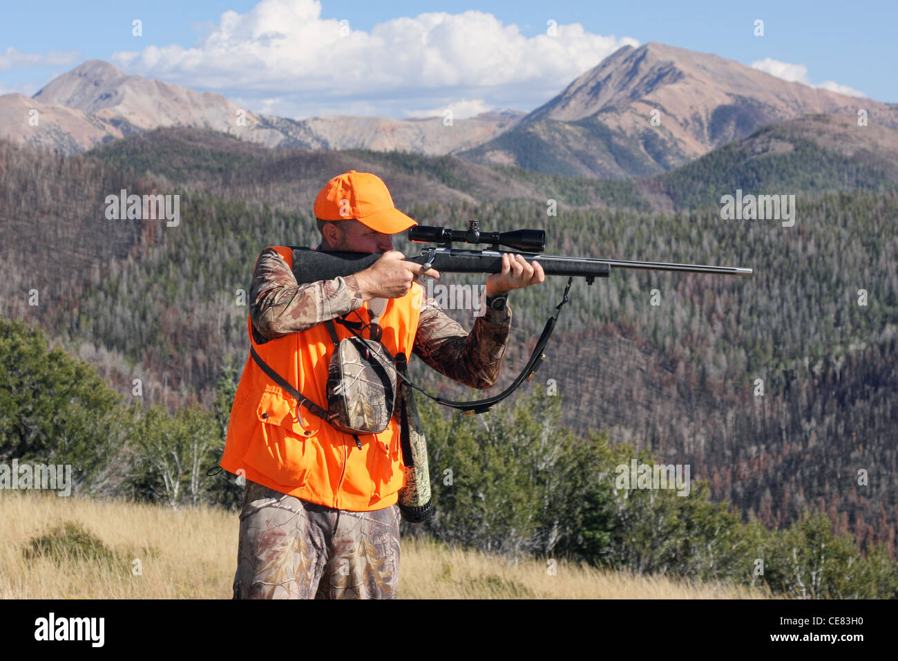 reife Erwachsene Jäger mit dem Ziel Hirsch Gewehr in Bergen Stockfoto