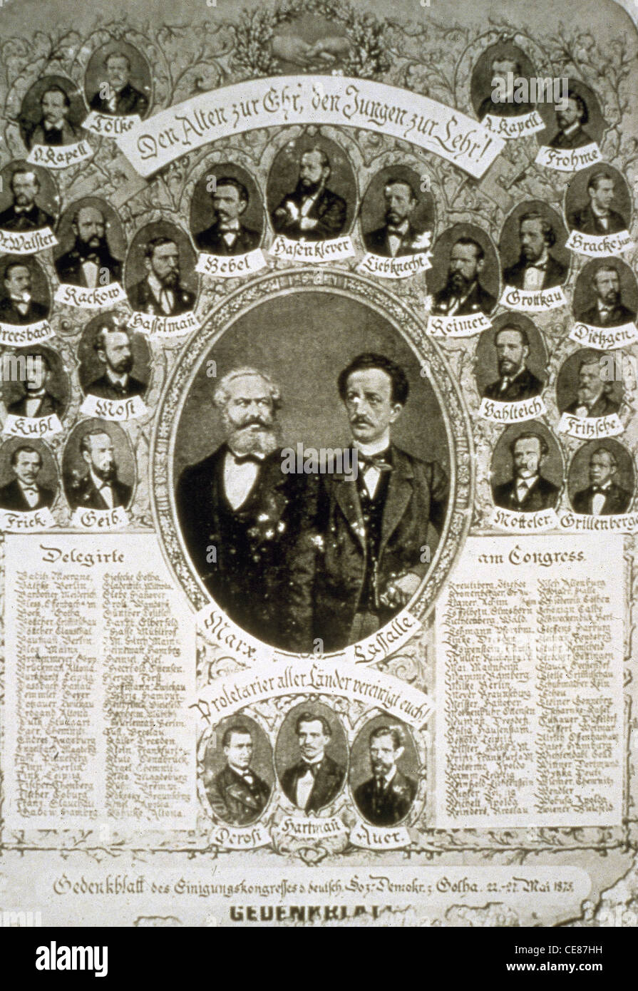 Deutschland. Kongress der Gotha, 1875. Erinnerung-Blatt mit Porträt von Marx und Lassalle in den Mittelpunkt. Stockfoto