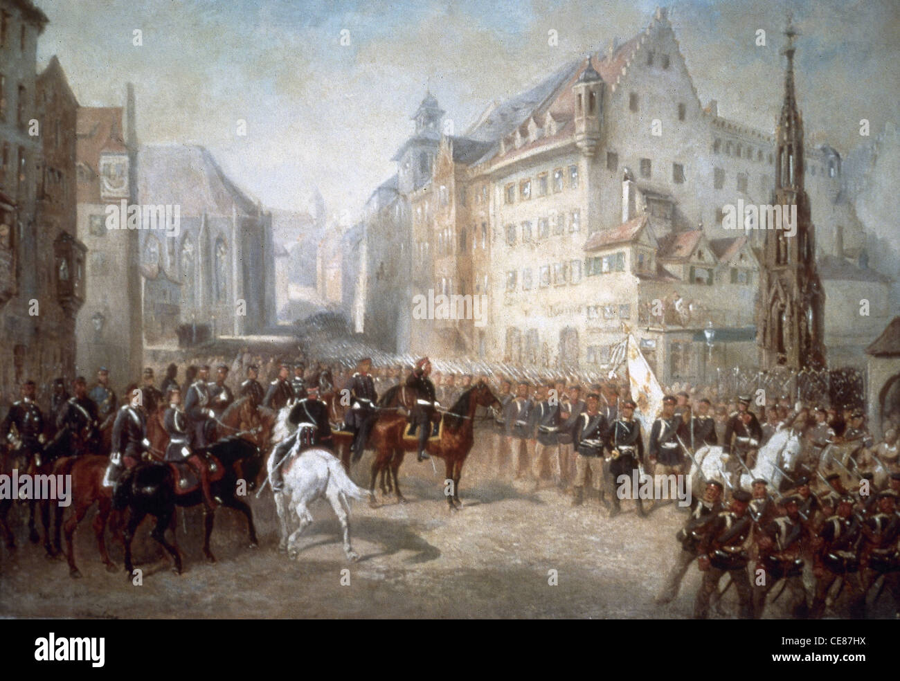 Preußisch-österreichischen Krieg. Parade der Truppen auf dem Marktplatz in Nürnberg während der Preußischen Besetzung (1866). Louis Braun. Stockfoto