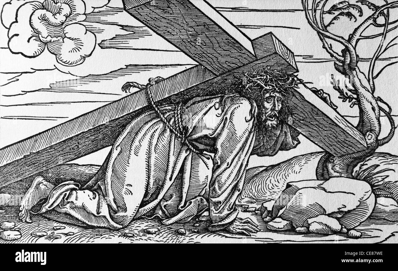 Jesus unter Kreuz - Lithographie von Dürer 1523 Stockfoto