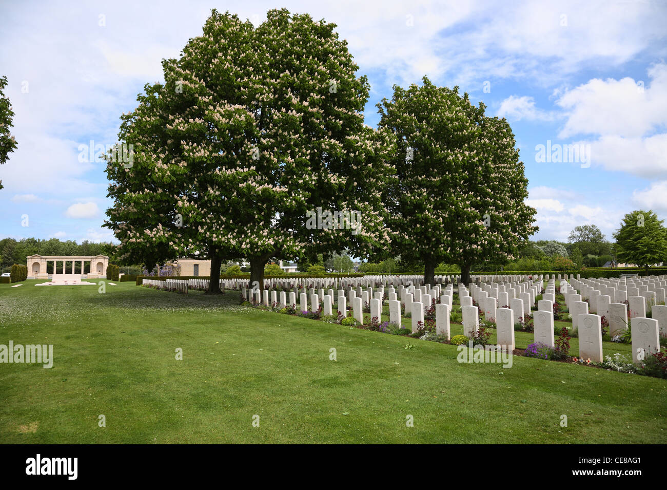 Gedenkstätte und Gräber unter blühenden Kastanienbäumen im Bayeux War Cemetery - Der britische Soldatenfriedhof in Bayeux, Normandie. Bayeux Soldatenfriedhof. Stockfoto