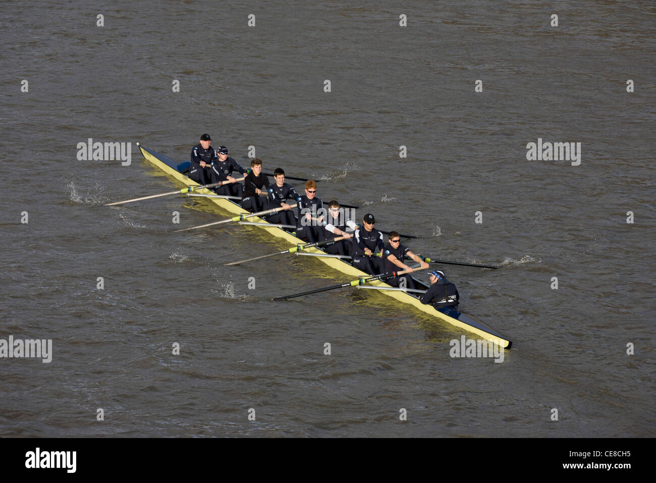 Ein Boot von der Universität Oxford rowing Team rundet die Biegung der Themse in Putney, West London während einer Trainingseinheit Winter. Stockfoto