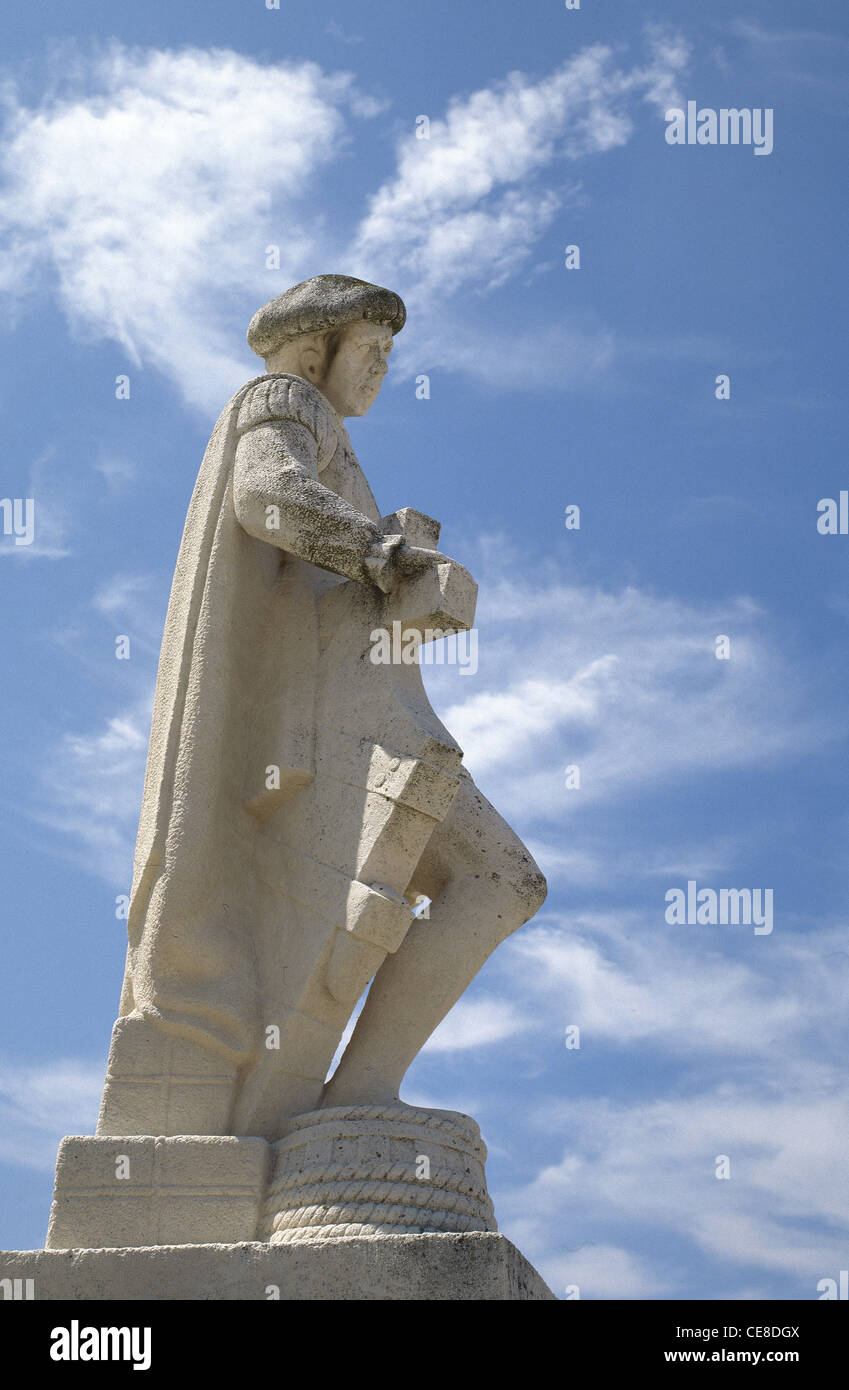 Martin Alonso Pinzon (1441-1493). Spanische Seefahrer und Entdecker. Statue von A. Leon Ortega, 1977. Baiona. Galizien. Spanien. Stockfoto