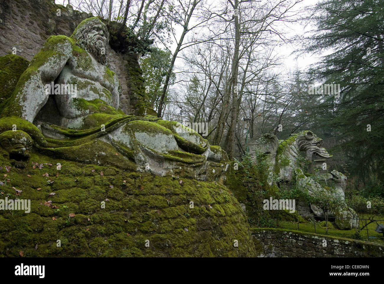 Neptun und die Dragoner, Parco dei Mostri monumentale Komplex, Bomarzo, Viterbo, Latium, Italien Stockfoto