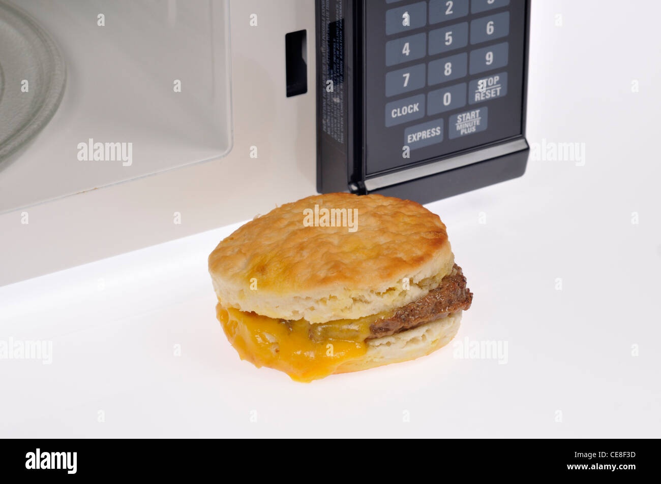 Wurst und Käse Frühstück keks Sandwich vor der Mikrowelle auf weißem gekocht. Stockfoto