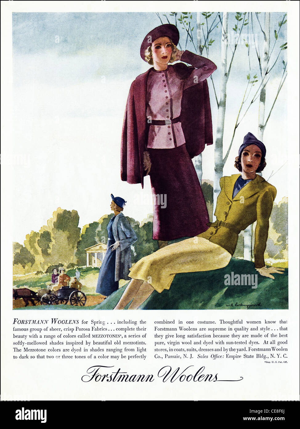 Original ganzseitige Anzeige ca. 1938 in amerikanischen Damen Mode Zeitschriftenwerbung Frühling-Designs von FORSTMANN WOOLENS Stockfoto