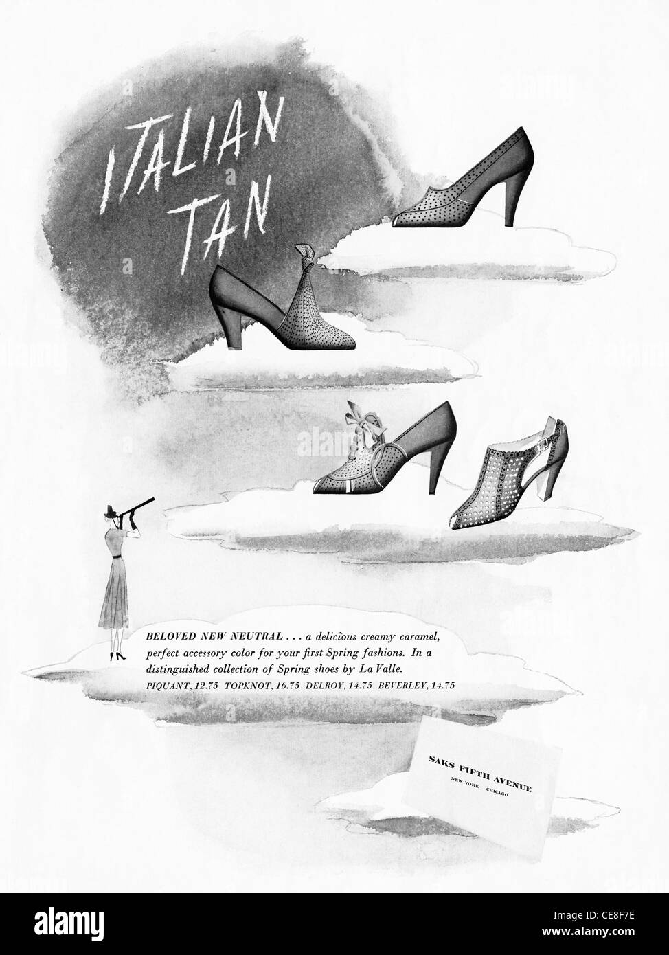 Original ganzseitige Anzeige um 1938 in der amerikanischen Damenmode-Zeitschrift Werbung Spring Schuhkollektion Italian Tan von LA VALLE Stockfoto
