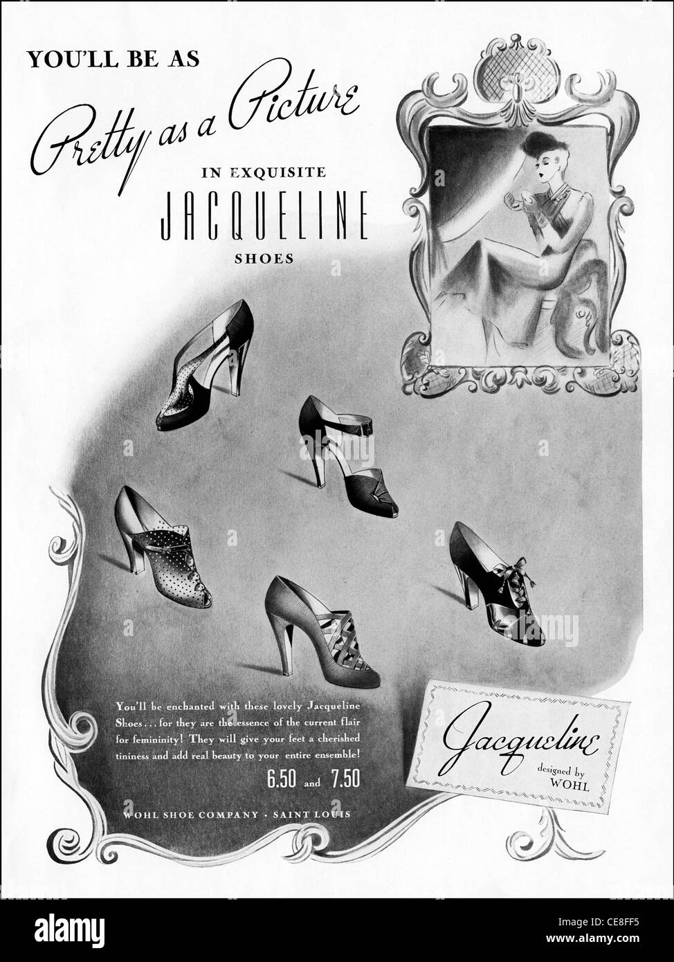 Original ganzseitige Anzeige ca. 1938 in amerikanischen Mode Zeitschriftenwerbung Damenschuhe von WOHL SHOE COMPANY von Saint Louis Stockfoto