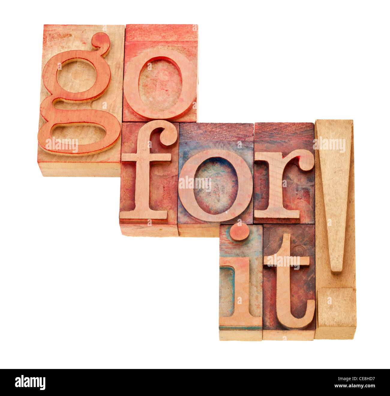 Go for it. - Motivation-Konzept - isolierte Wörter in Vintage Holz Buchdruck Druckstöcke Stockfoto