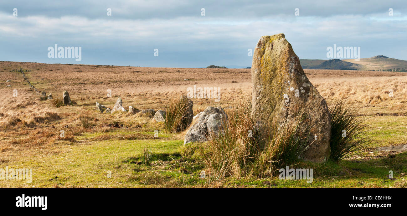 Jungsteinzeit Stein Zeile auf Dartmoor, Devon UK Stockfoto