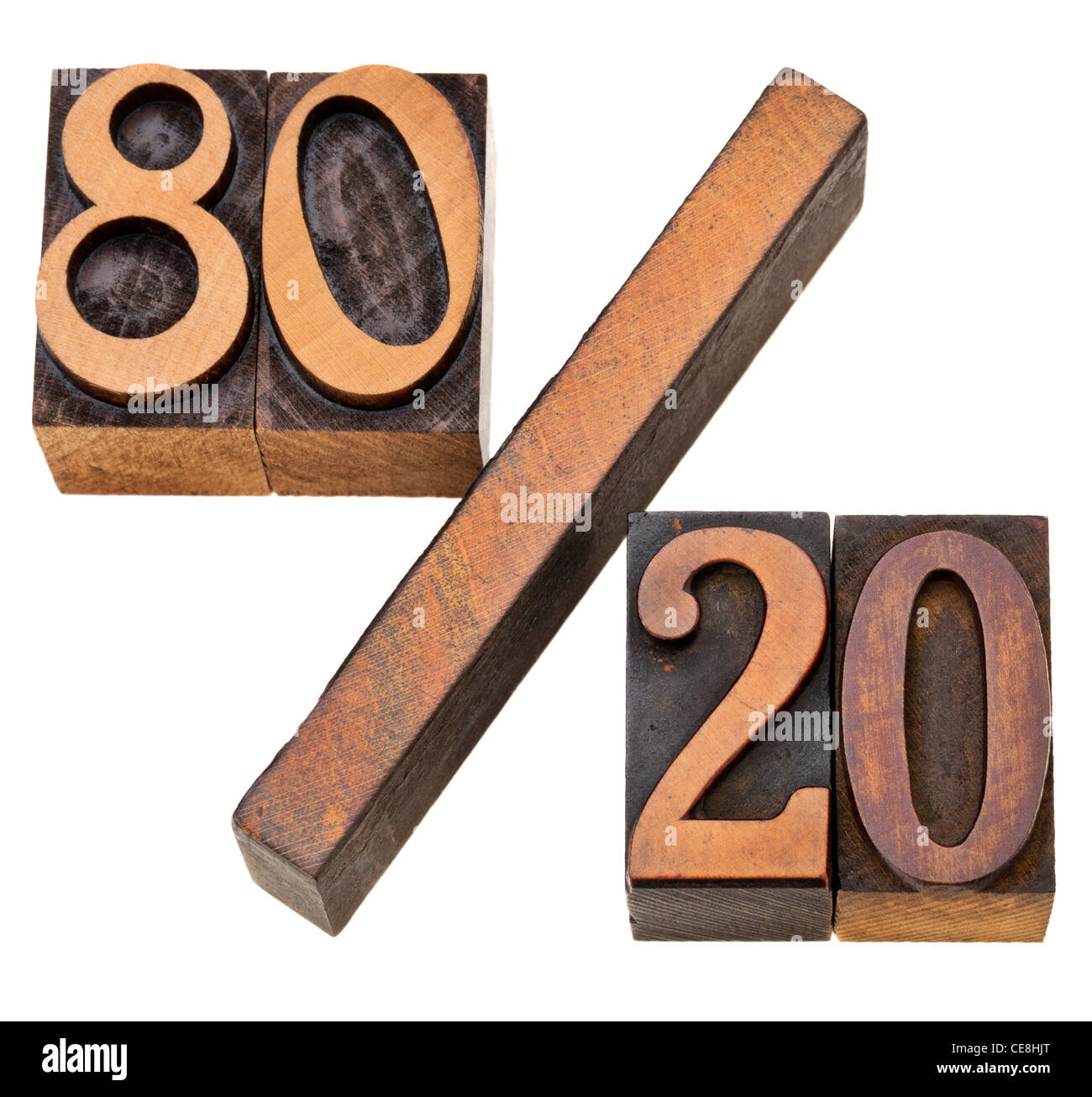 Pareto-Prinzip oder die 80-20 Regel auf isolierte Vintage Holz Buchdruck Blöcke dargestellt Stockfoto