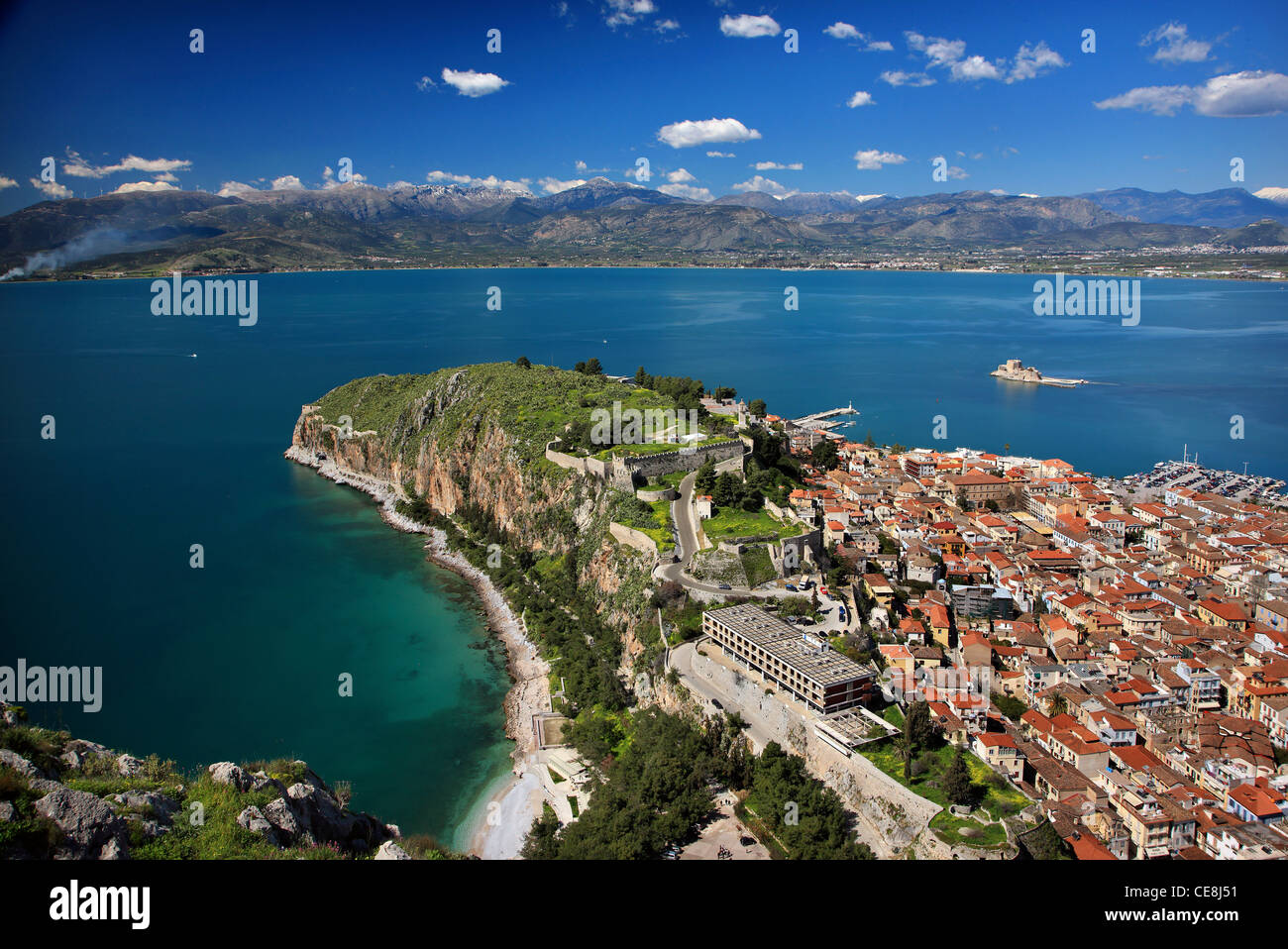 Panorama der Stadt Nafplio und dem Argolischen Golf von Palamidi Burg Stockfoto