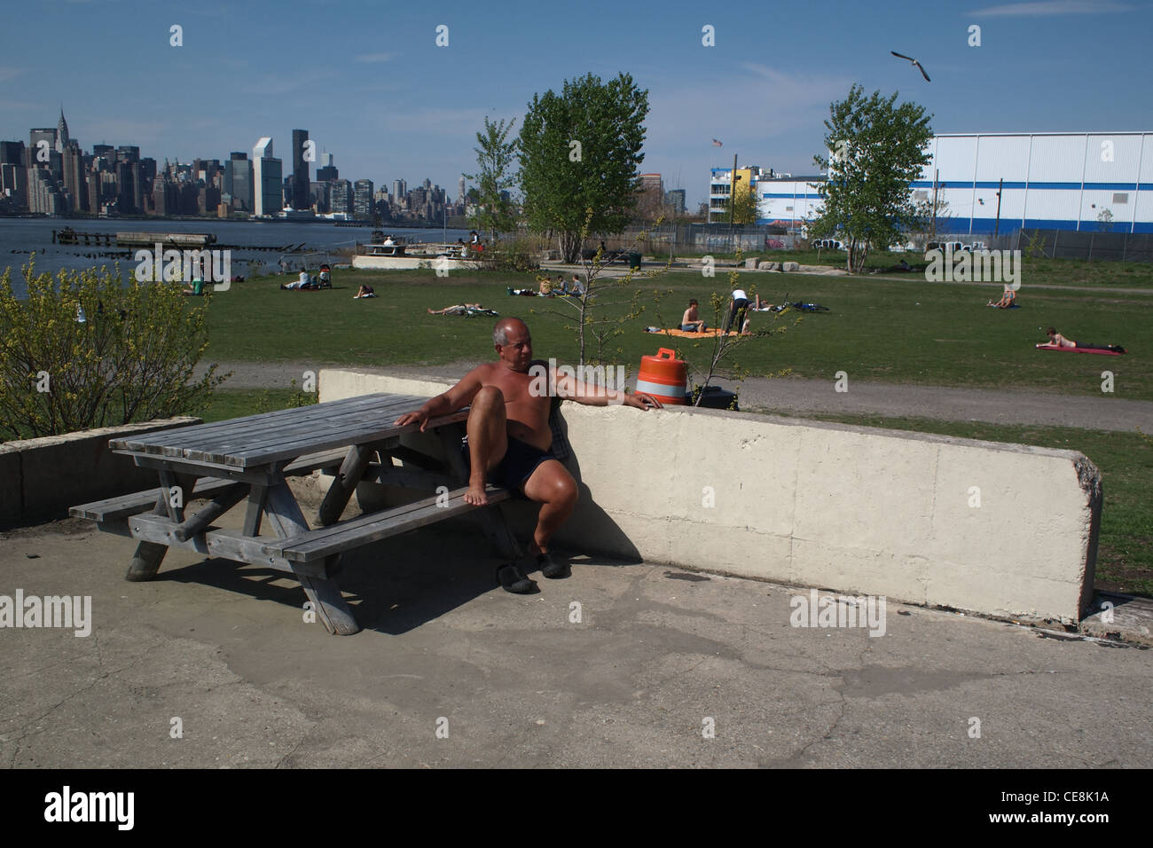 Mann, Sonnenbaden, East River State Park, Brooklyn, New York Stockfoto