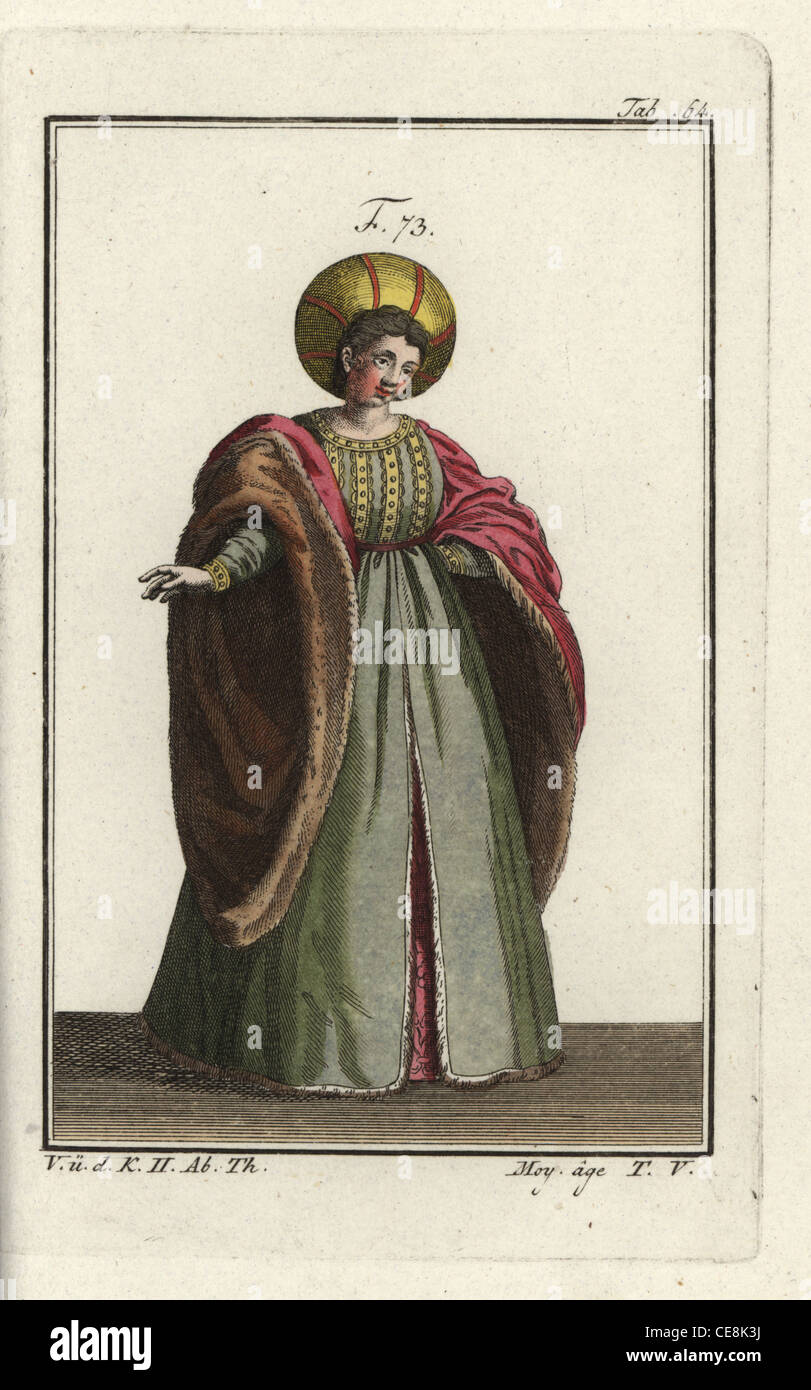 Italienische Adlige in höfischen Kleid mit Pelz gefütterten Mantel mit voluminösen Ärmeln, 1303. Stockfoto