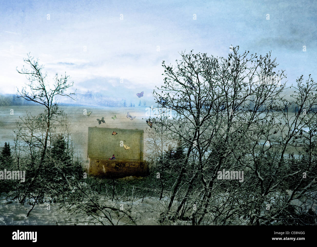 Verträumte surrealistische Szene mit Schmetterlingen aus einem magischen Trunk strömen inmitten einer Winterlandschaft. Stockfoto