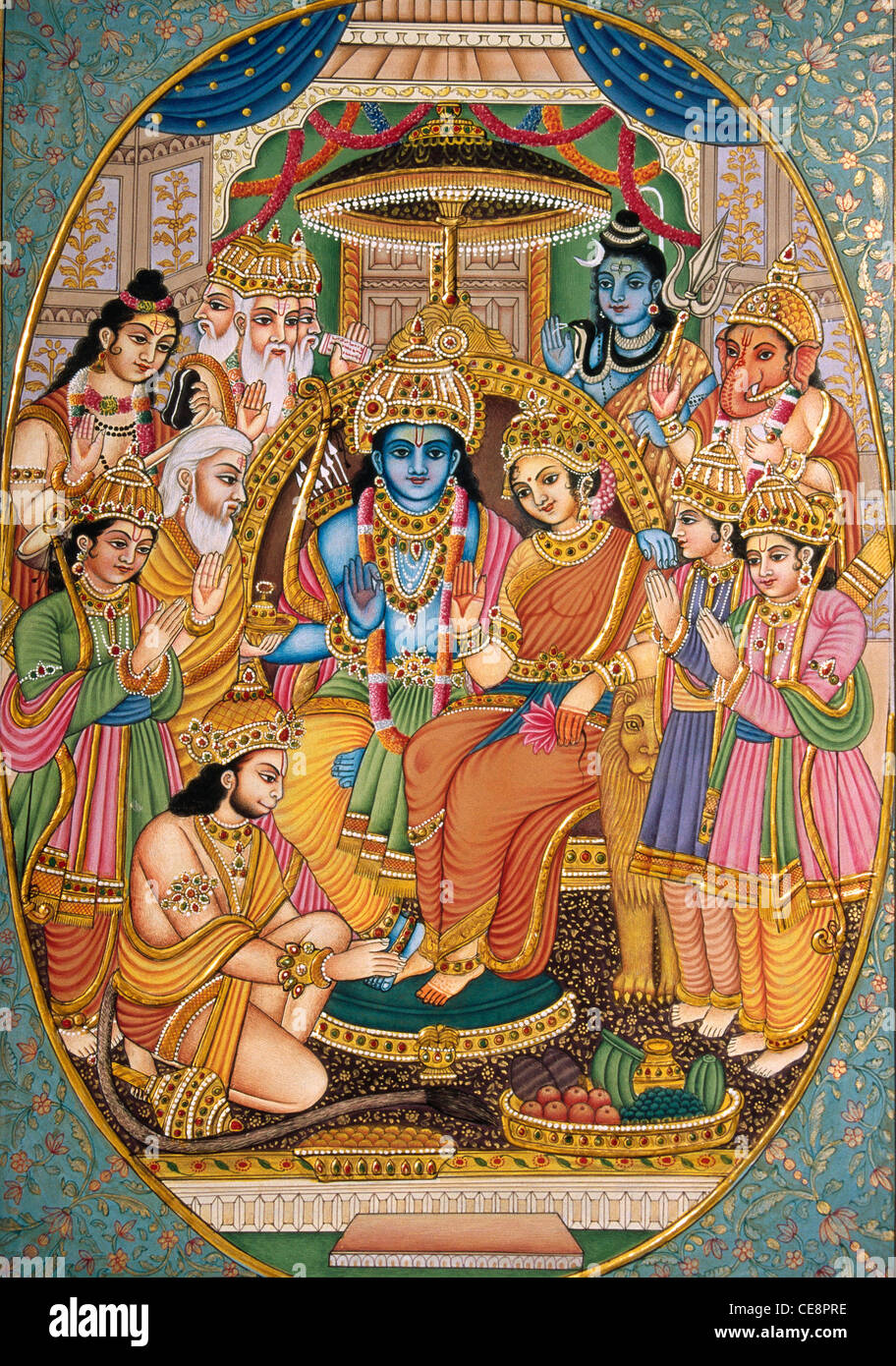 RAM Darbar mit Göttern Shiva Parwati Ganesh Brahma Hanuman Sita Lakshman , Miniaturmalerei auf Papier , Indien Stockfoto