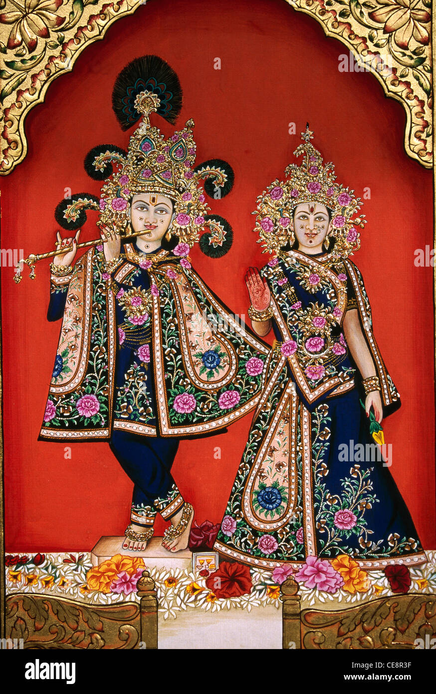 BDR 80572: Radha Krishna Miniaturmalerei auf Papier goldener Prägung Stockfoto