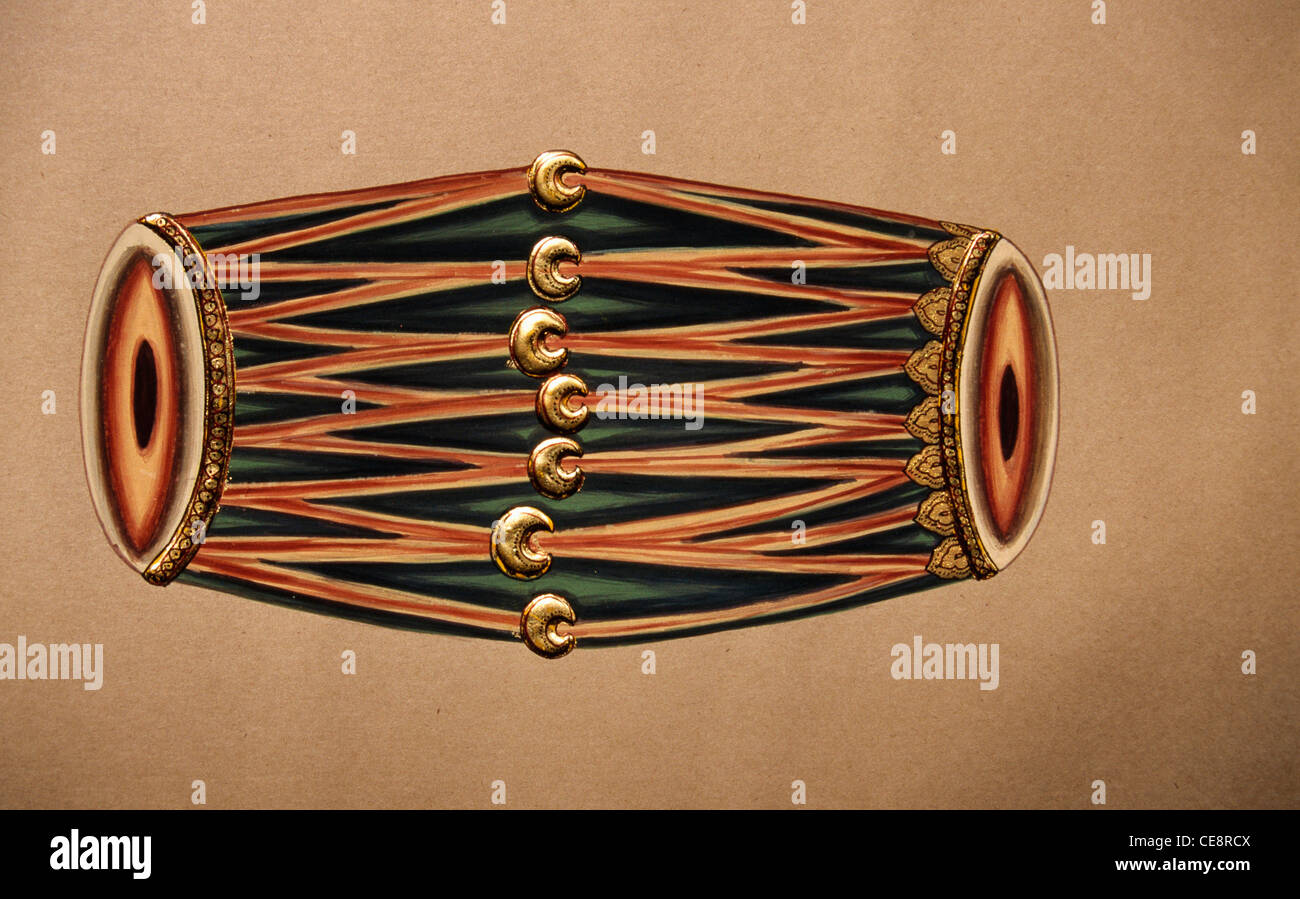 Indische Schlagzeuginstrument, Mridangam; Miniaturmalerei auf Papier der indischen klassischen Musikinstrument, rajasthan, indien, asien Stockfoto