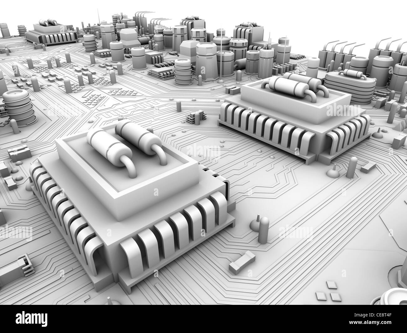 Leiterplatte. Computer-Grafik Darstellung Stadt Landschaft gemacht von elektronischen Schaltungen. Stockfoto