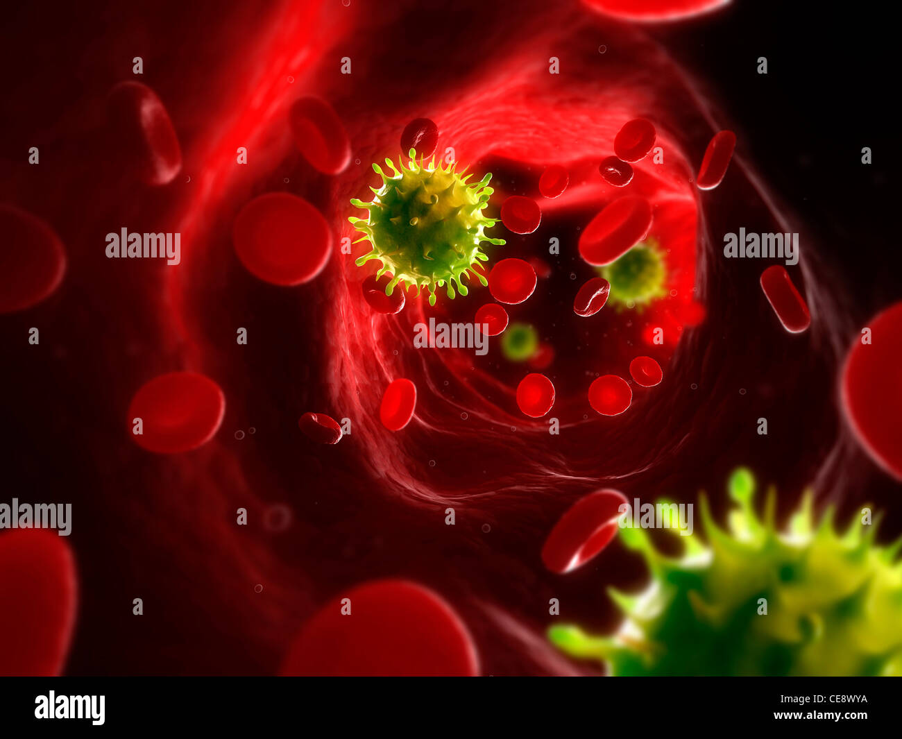 Virusinfektion, konzeptionelle Computer Grafik. Virus-Partikel in die Blutbahn. Stockfoto