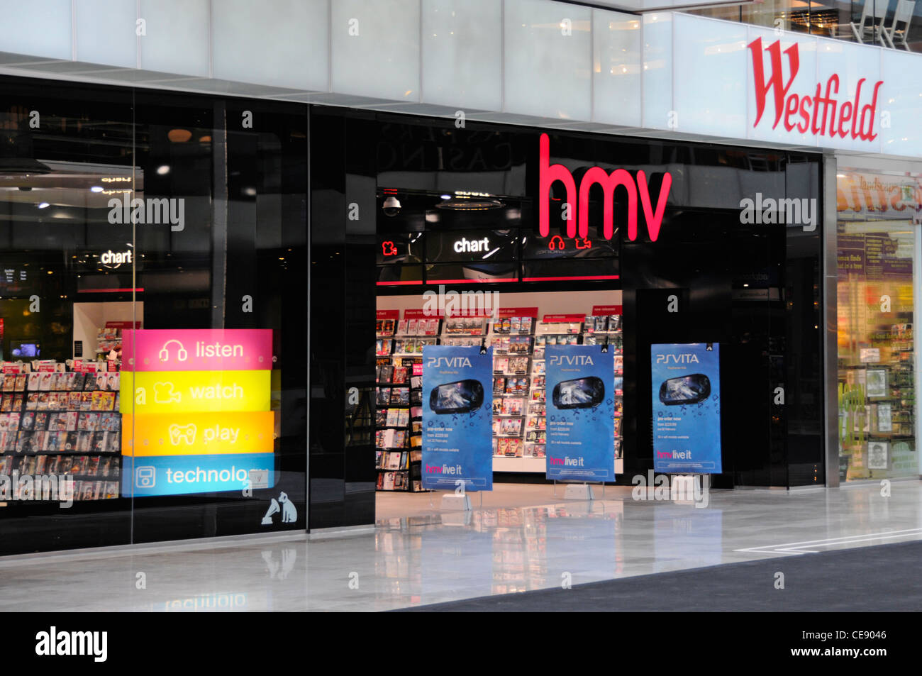 HMV UK Music Store Shop vorne & Eingang in Westfield Einkaufszentrum Stratford City Newham East London England Großbritannien Stockfoto