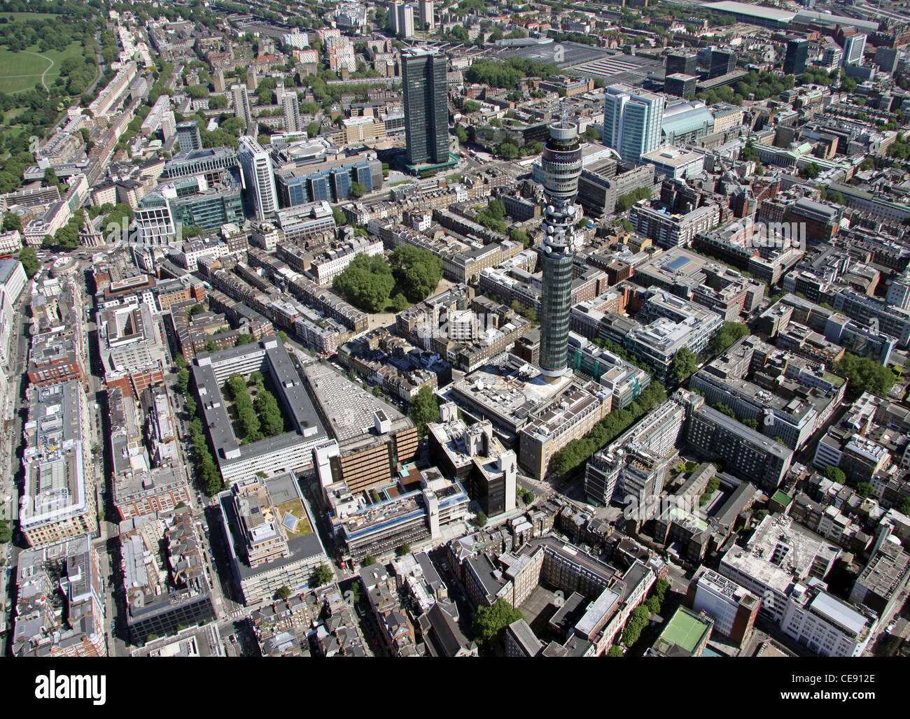 Luftaufnahme von BT Tower, ehemals Post Office Tower, Fitzrovia, London W1 Stockfoto