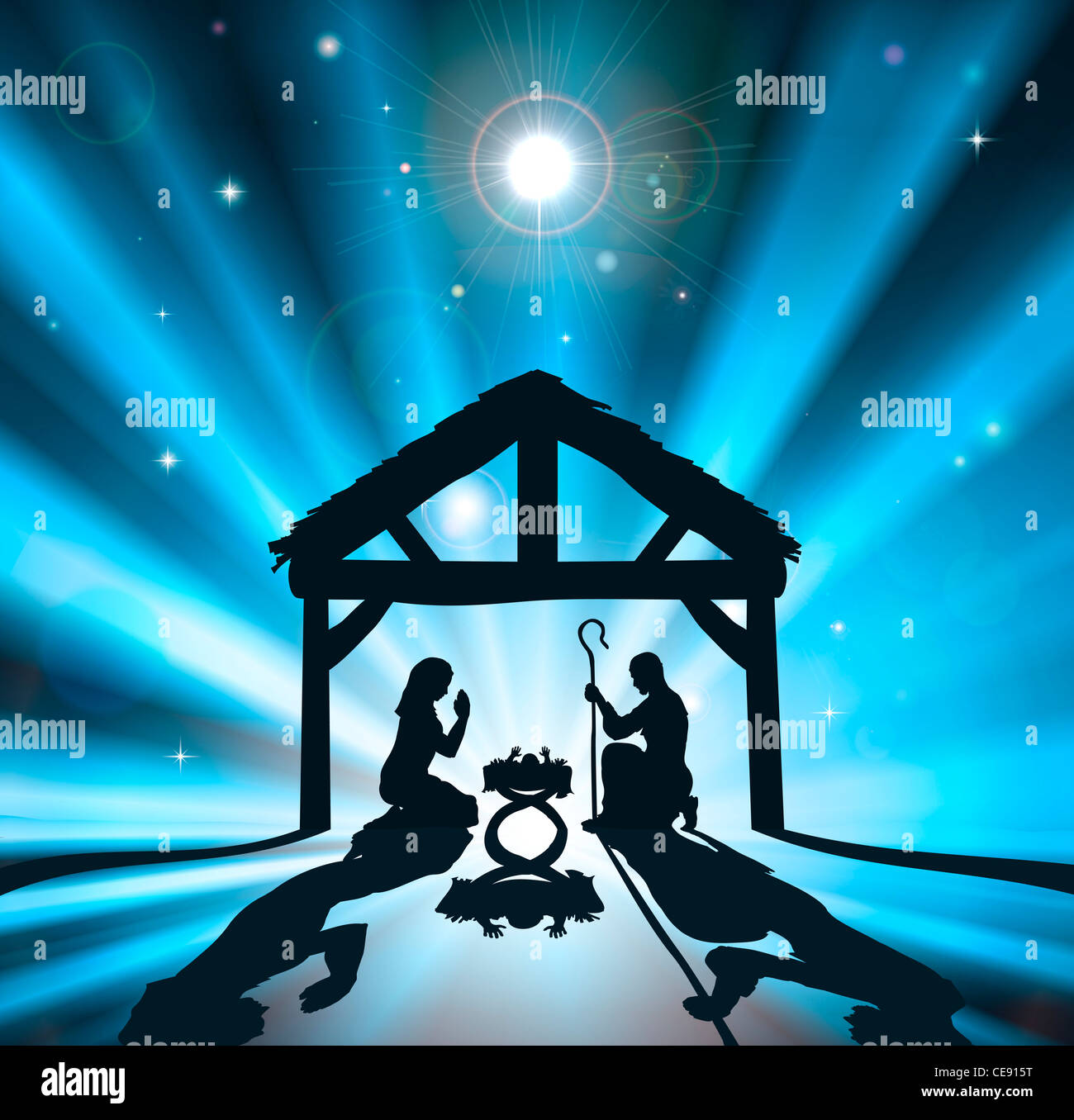 Christian Weihnachtskrippe des Jesuskindes in der Krippe mit der Jungfrau Maria und Josef Stockfoto