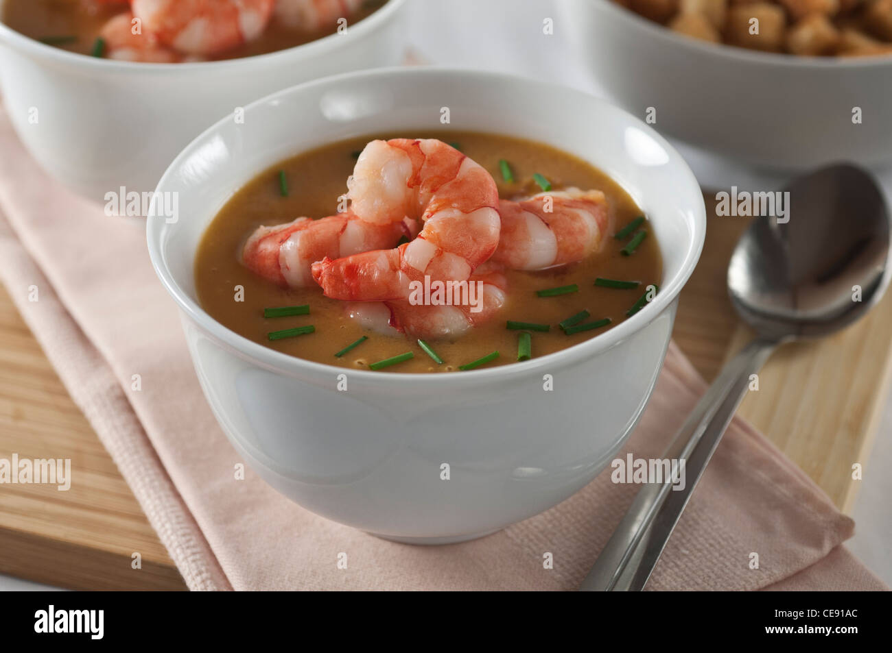 Meeresfrüchtesuppe. Garnelen Garnelen Meeresfrüchte Suppe. Stockfoto