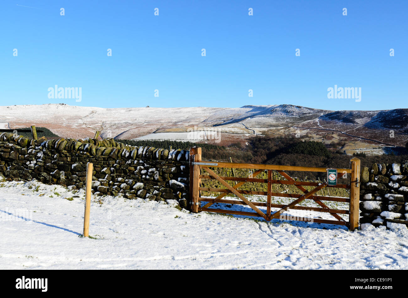 Blick auf Ladybower Vorratsbehälter mit Blick auf Whinstone Lee Tor aus Crook Hill in der Peak District Nationalpark Derbyshire. Stockfoto