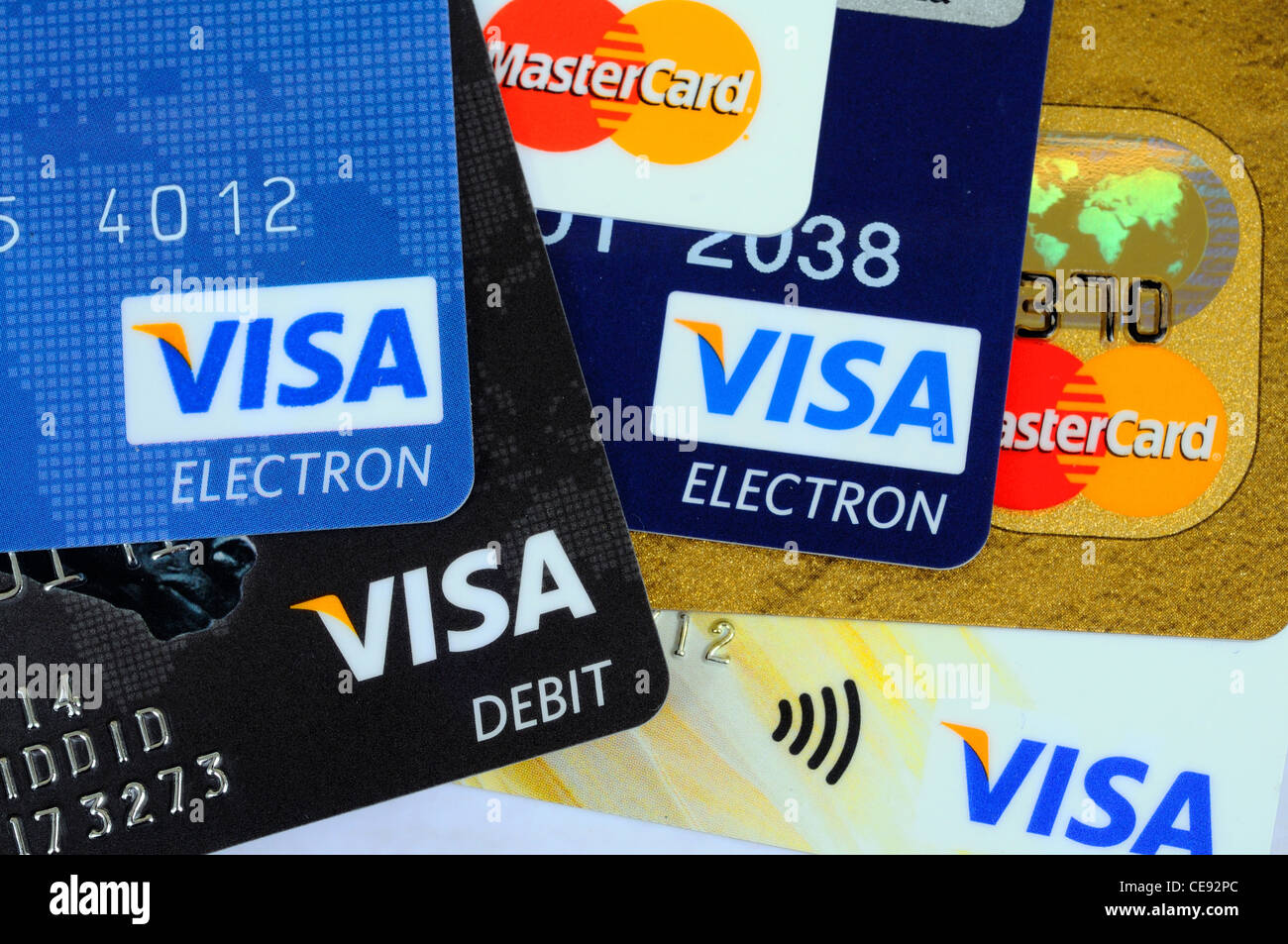 VISA und Mastercard Kredit- und Debit-Karten, England, UK, Westeuropa. Stockfoto