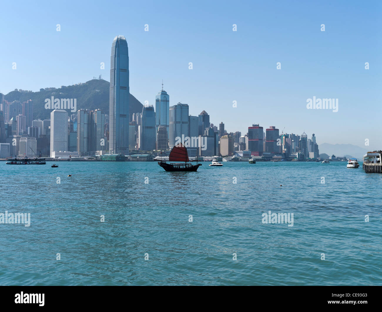 dh Hong Kong Harbour CENTRAL HONG KONG Red Sail Junk Harbour Waterfront IFC Skyline Dayboot victoria Harbour Day Junkboat china Ship Stockfoto