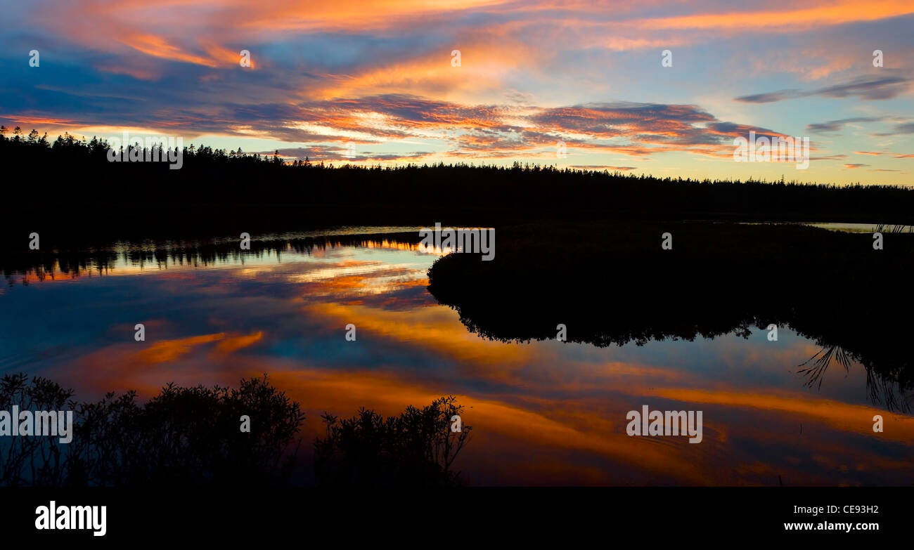Sonnenuntergang reflektiert Ufermauer Teich, Acadia National Park, Maine. Stockfoto