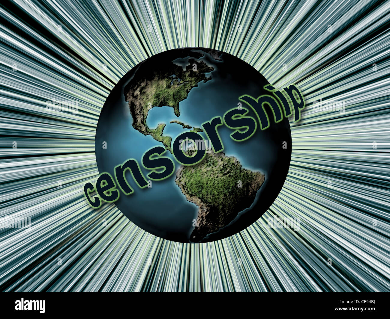Planetenerde umgeben von Zensur Wort als globale Zensur Konzept Stockfoto