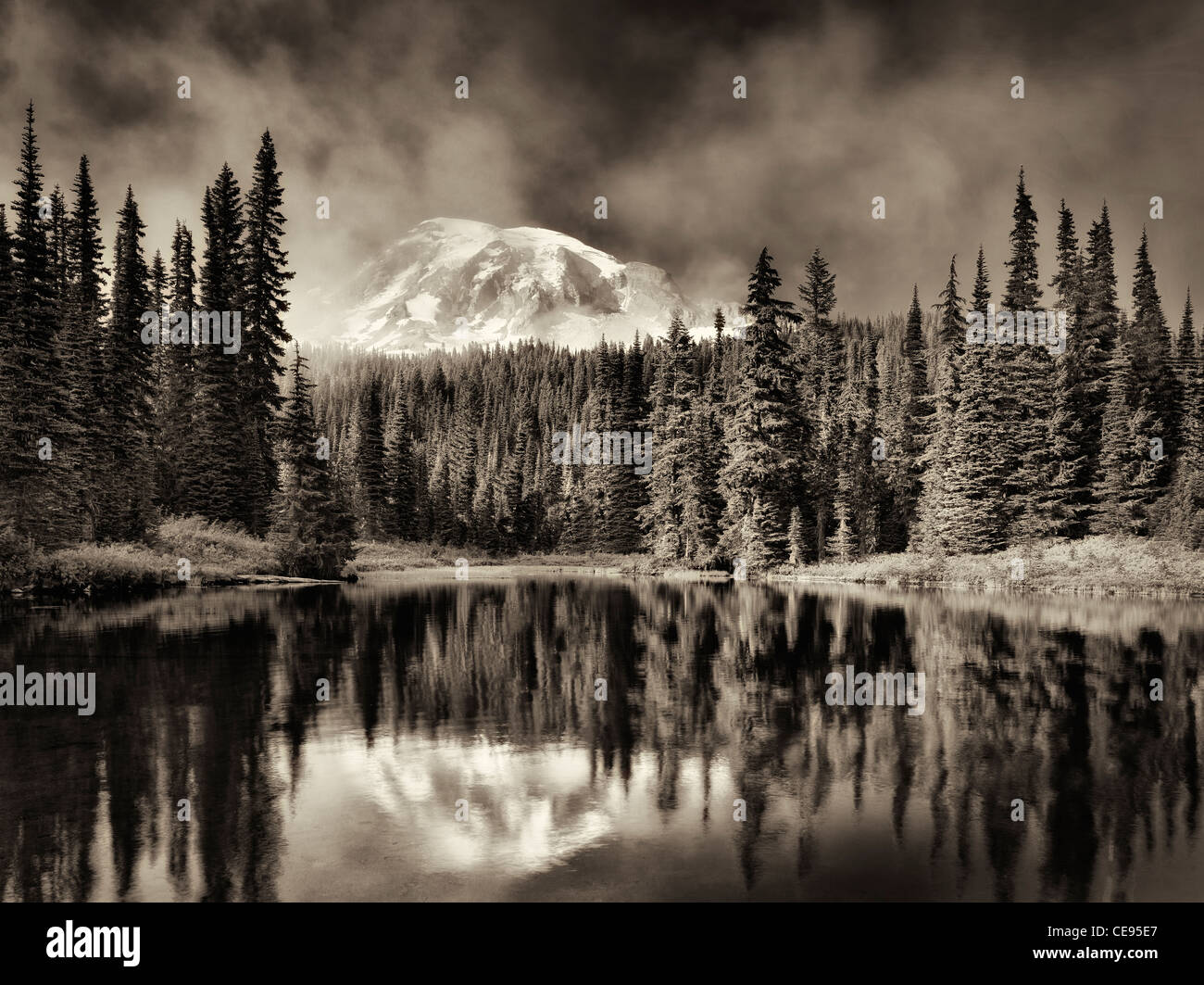 Spiegelung See mit Nebel auf dem Mt. Rainier. Mt. Rainier Nationalpark, Washington Stockfoto
