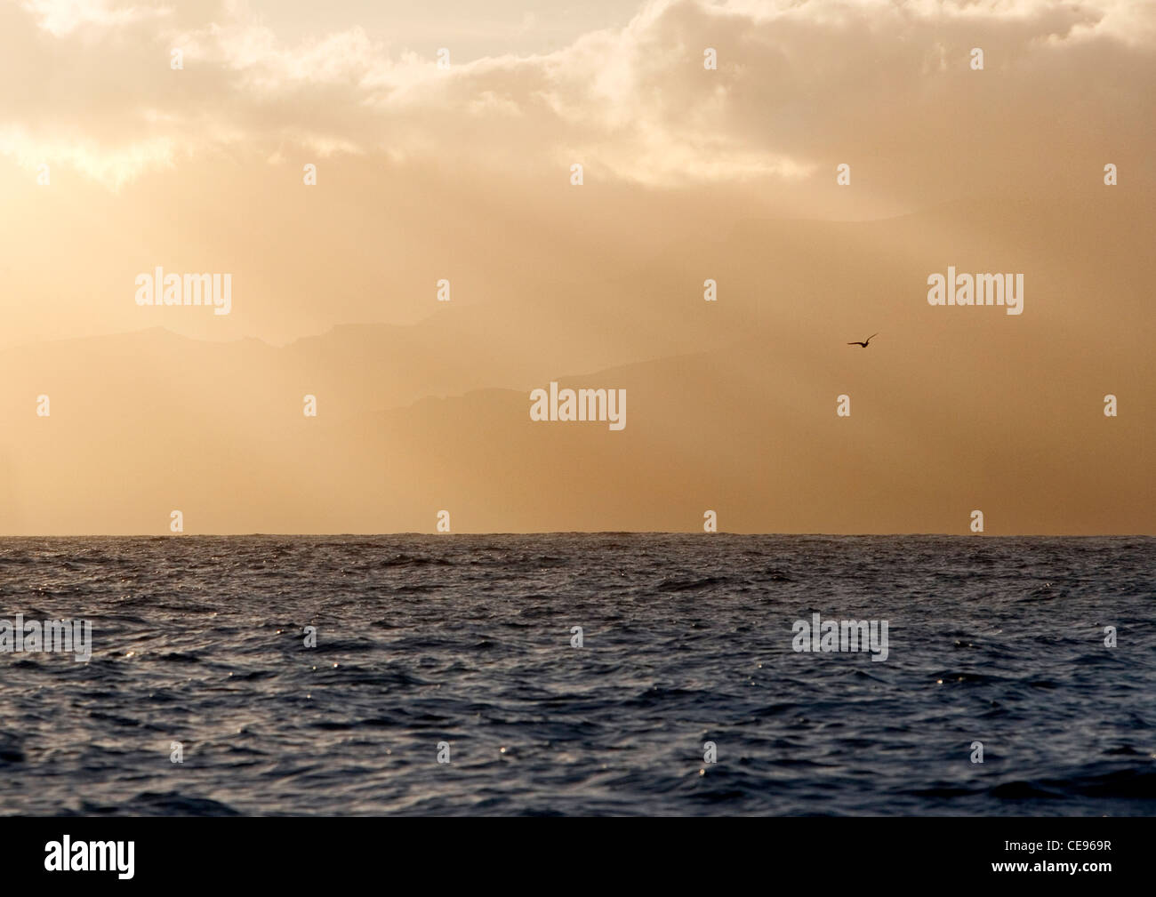 Erste Einblicke in die nebligen eine Insel nach einer langen Ozean-Passage in einem Segelboot Stockfoto