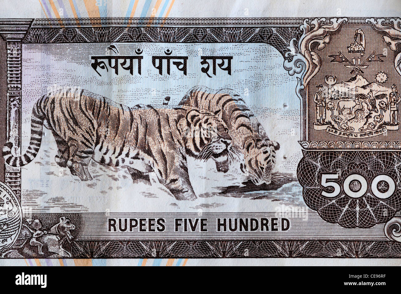 Nepal-500 Rupien-Banknote-Detail Stockfoto