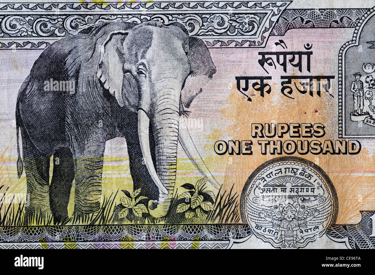Nepal-1000 Rupien-Banknote-Detail Stockfoto