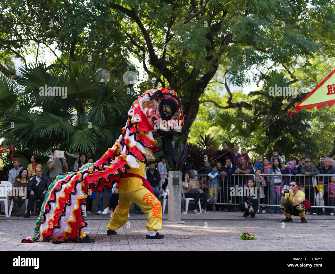 dh Kowloon Park Kampfkunst TSIM SHA TSUI HONGKONG Chinesische Jungen traditionellen Löwentanz zeigen Touristenmenge Jungen Tradition china im Fernen Osten Stockfoto