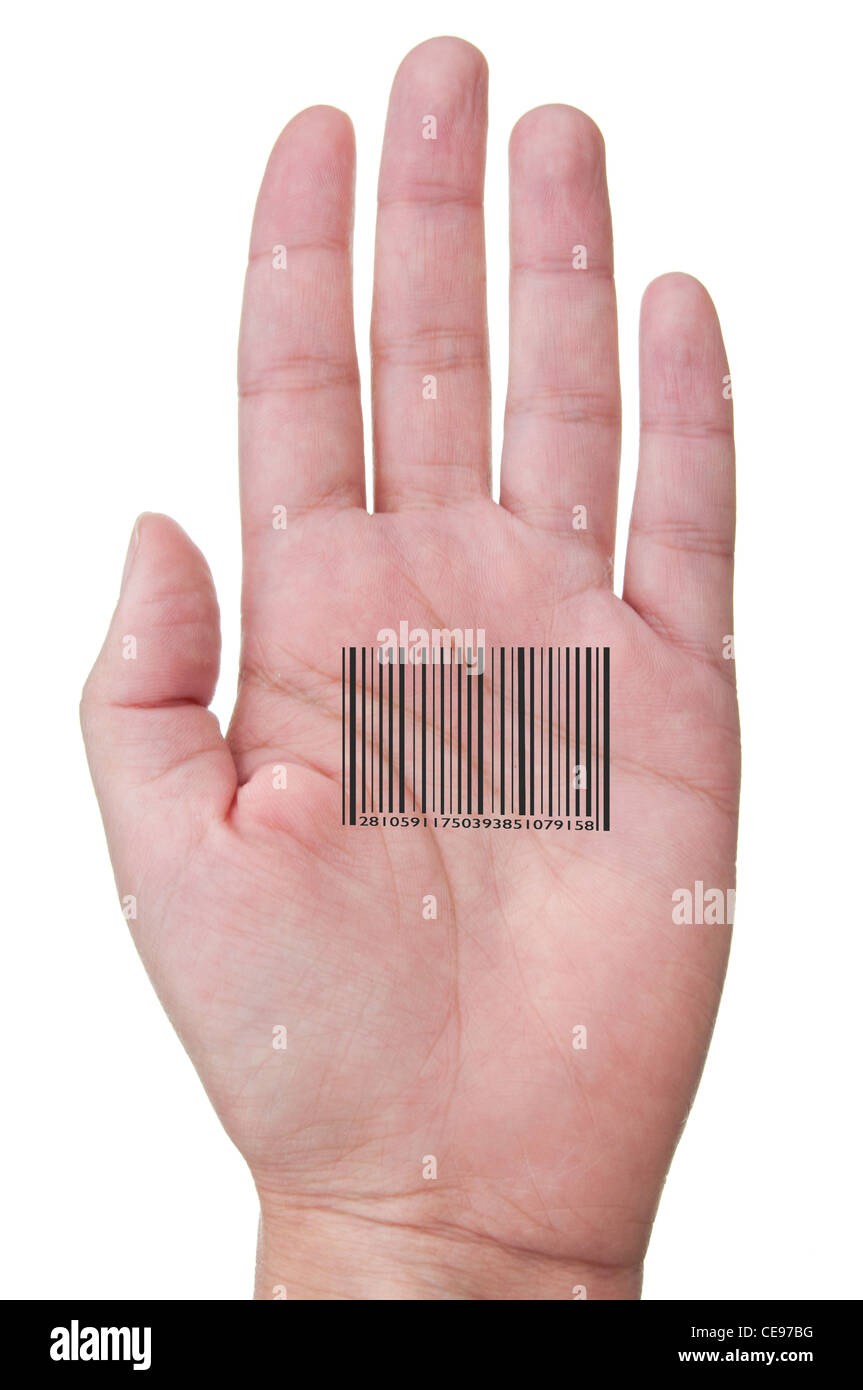 Barcode gedruckt in der Handfläche einer Hand Stockfoto