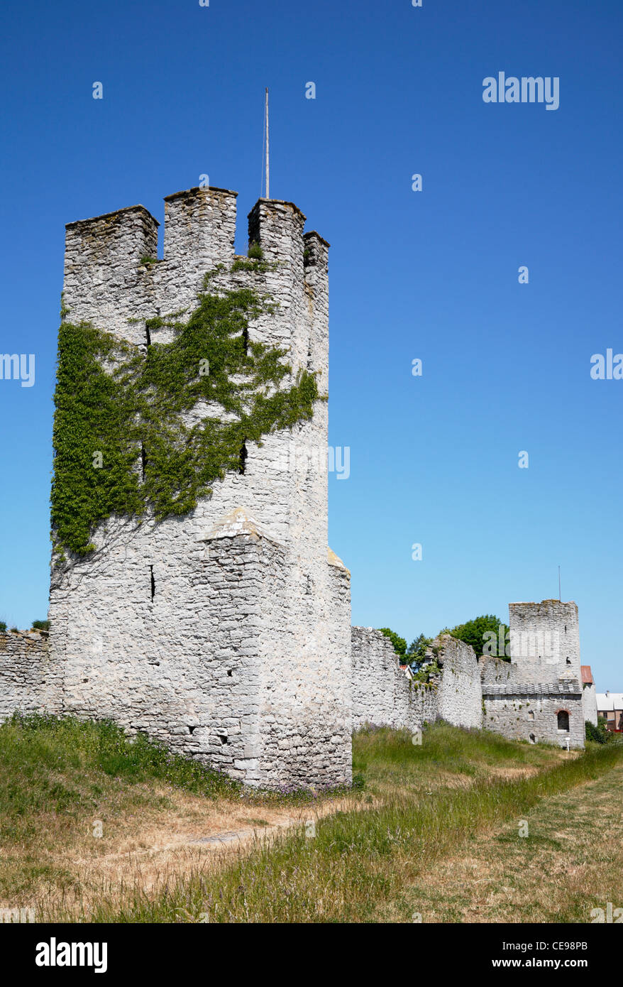 Die Stadtmauer, die mittelalterliche Stadtmauer mit Türmen um die mittelalterliche Hansestadt Visby auf der schwedischen Insel Gotland in der Ostsee Stockfoto